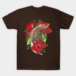 Crested Gecko with Hibiscus and Anthurium T-Shirt